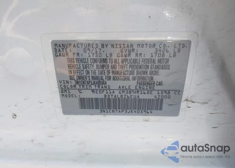 2018 Nissan Versa 1.6 Sv z USA, uszkodzony, nr VIN 3N1CN7AP3JK405964